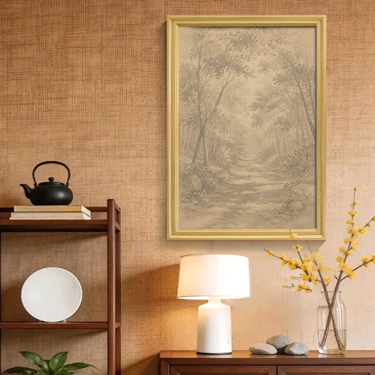 Vintage Pine Forest Sketch Canvas Wall Art Rustic Cabin Framed Home Decor Gift