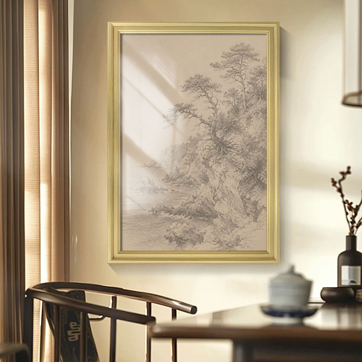 Vintage Pine Forest Sketch Canvas Wall Art Rustic Cabin Framed Home Decor Gift