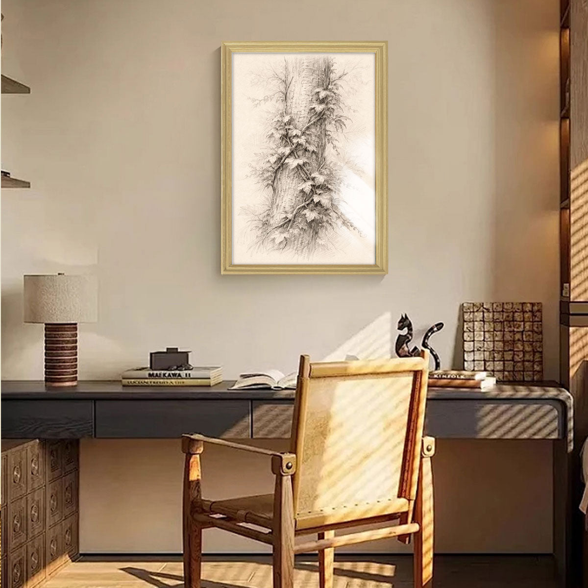 Vintage Pine Forest Sketch Canvas Wall Art Rustic Cabin Framed Home Decor Gift