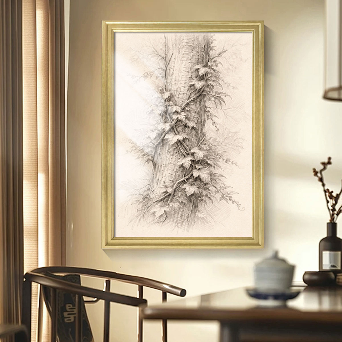 Vintage Pine Forest Sketch Canvas Wall Art Rustic Cabin Framed Home Decor Gift