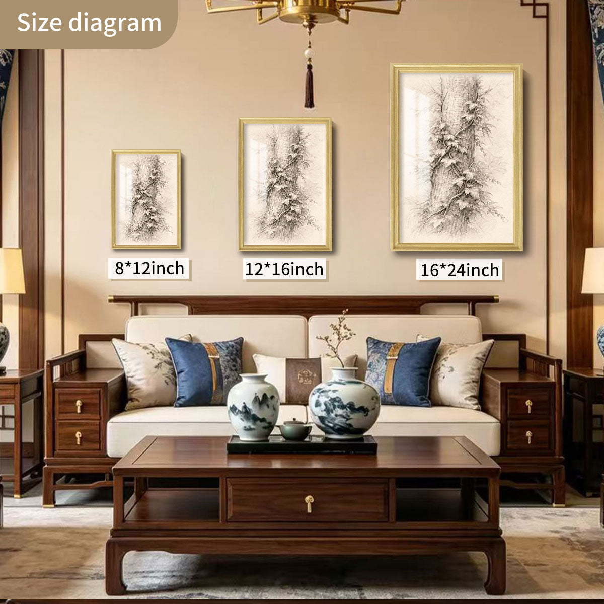 Vintage Pine Forest Sketch Canvas Wall Art Rustic Cabin Framed Home Decor Gift