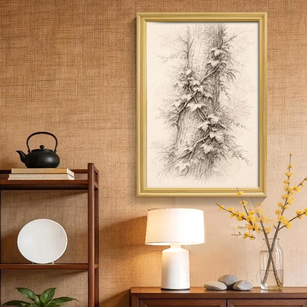 Vintage Pine Forest Sketch Canvas Wall Art Rustic Cabin Framed Home Decor Gift