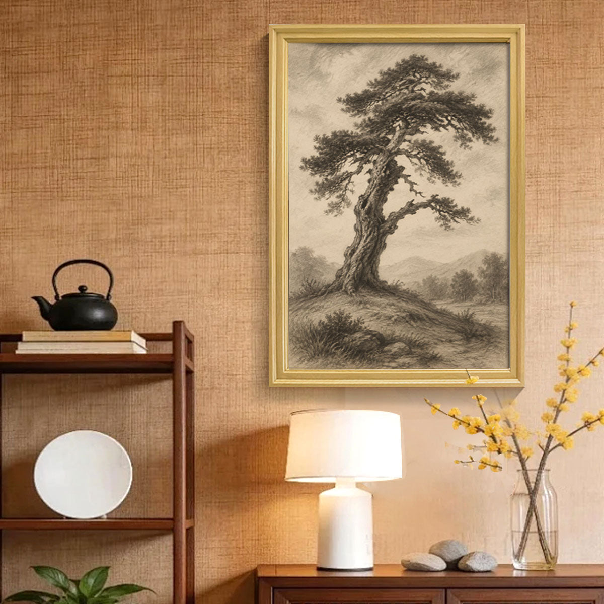 Vintage Sketch Landscape Canvas Wall Art Rustic Neutral Framed Home Decor Gift