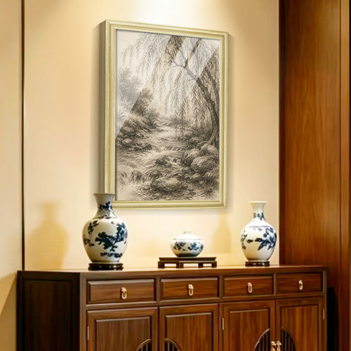 Vintage Sketch Landscape Canvas Wall Art Rustic Neutral Framed Home Decor Gift