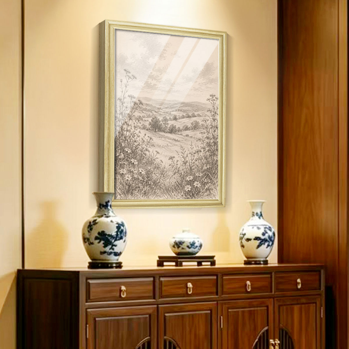 Vintage Sketch Landscape Canvas Wall Art Rustic Neutral Framed Home Decor Gift
