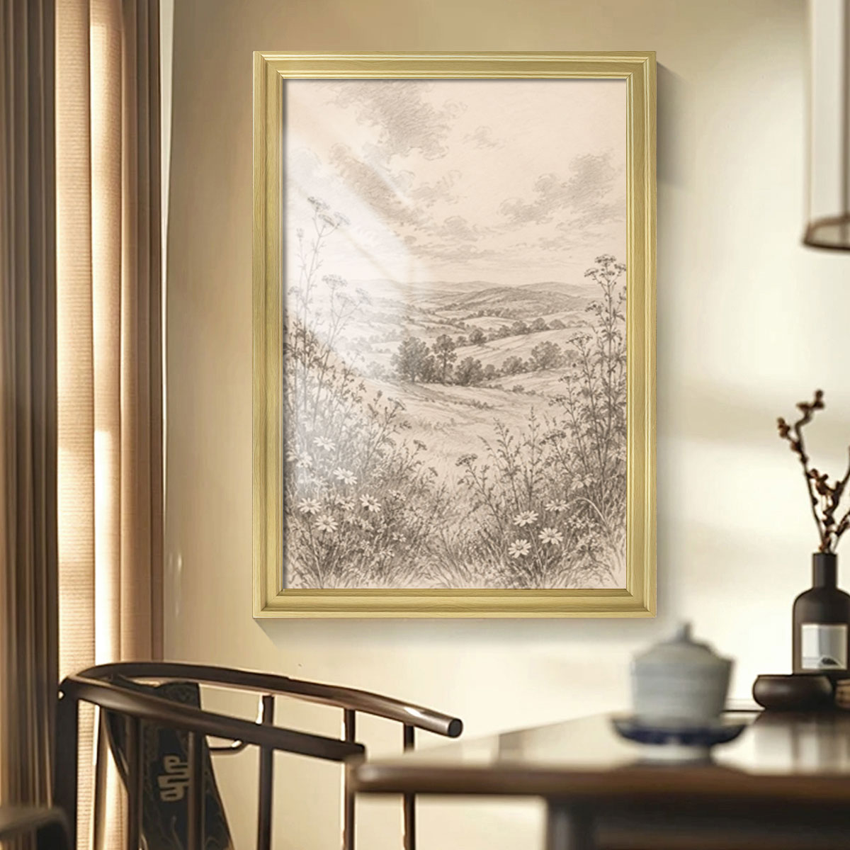 Vintage Sketch Landscape Canvas Wall Art Rustic Neutral Framed Home Decor Gift