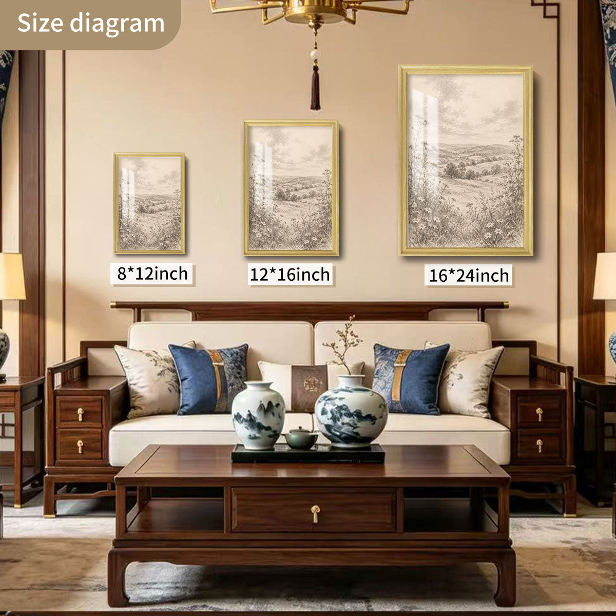 Vintage Sketch Landscape Canvas Wall Art Rustic Neutral Framed Home Decor Gift