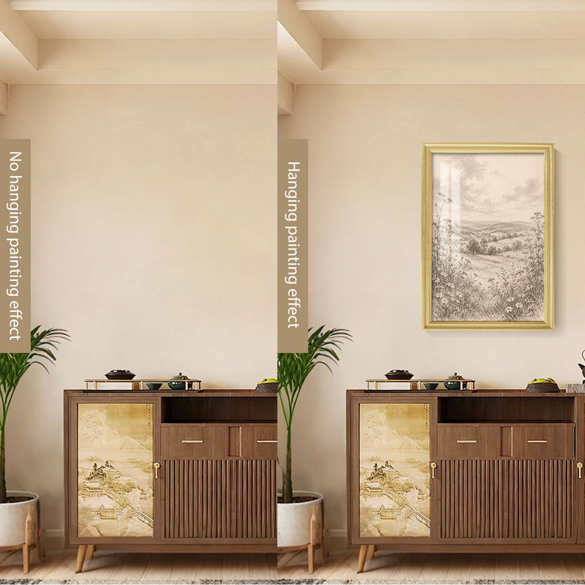 Vintage Sketch Landscape Canvas Wall Art Rustic Neutral Framed Home Decor Gift