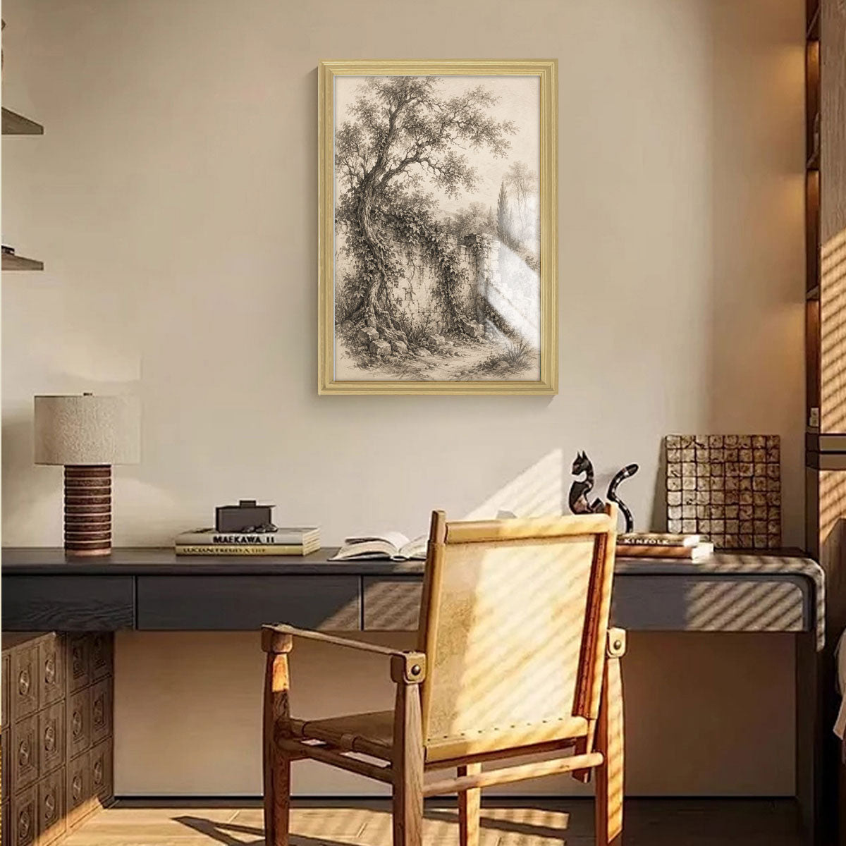 Vintage Sketch Landscape Canvas Wall Art Rustic Neutral Framed Home Decor Gift