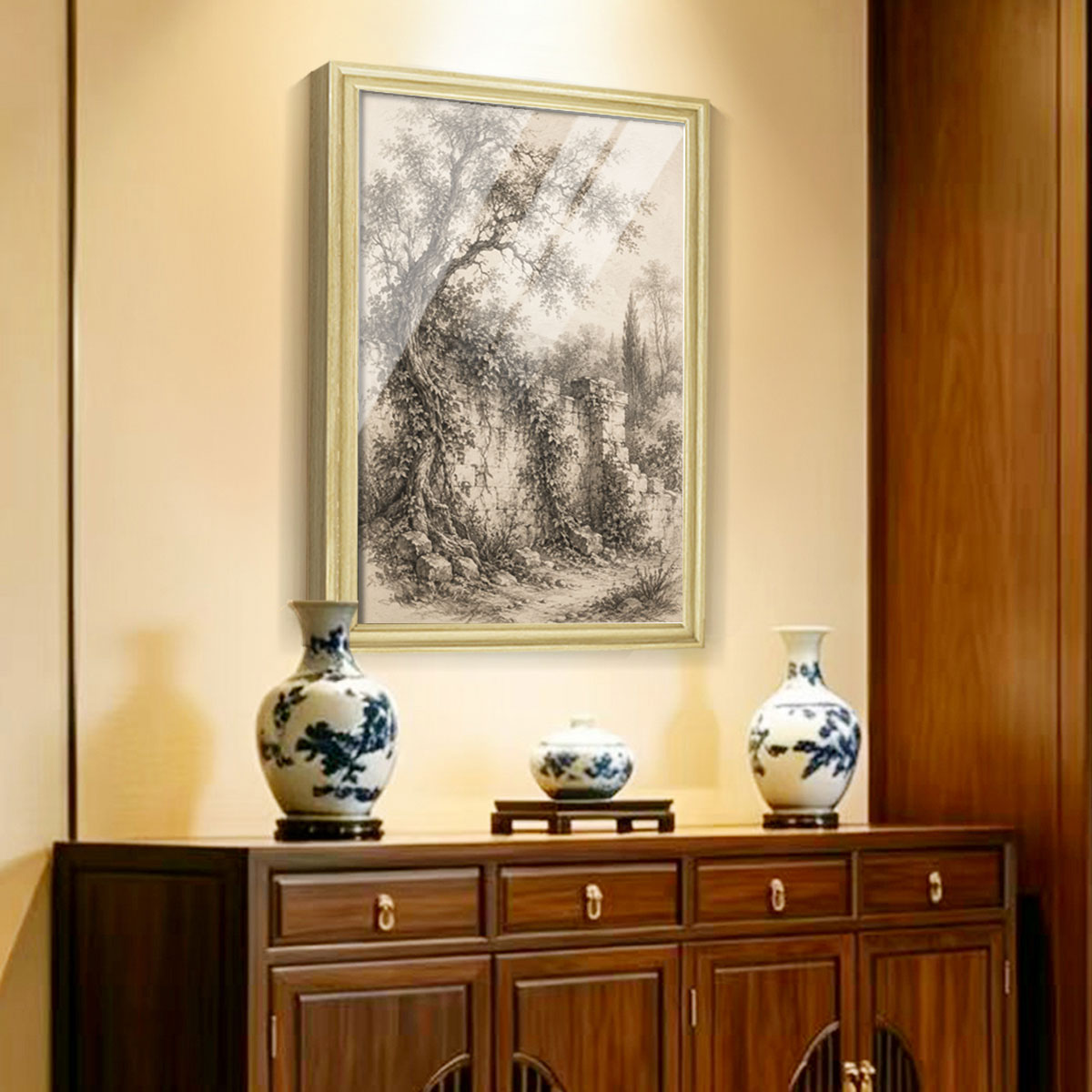 Vintage Sketch Landscape Canvas Wall Art Rustic Neutral Framed Home Decor Gift