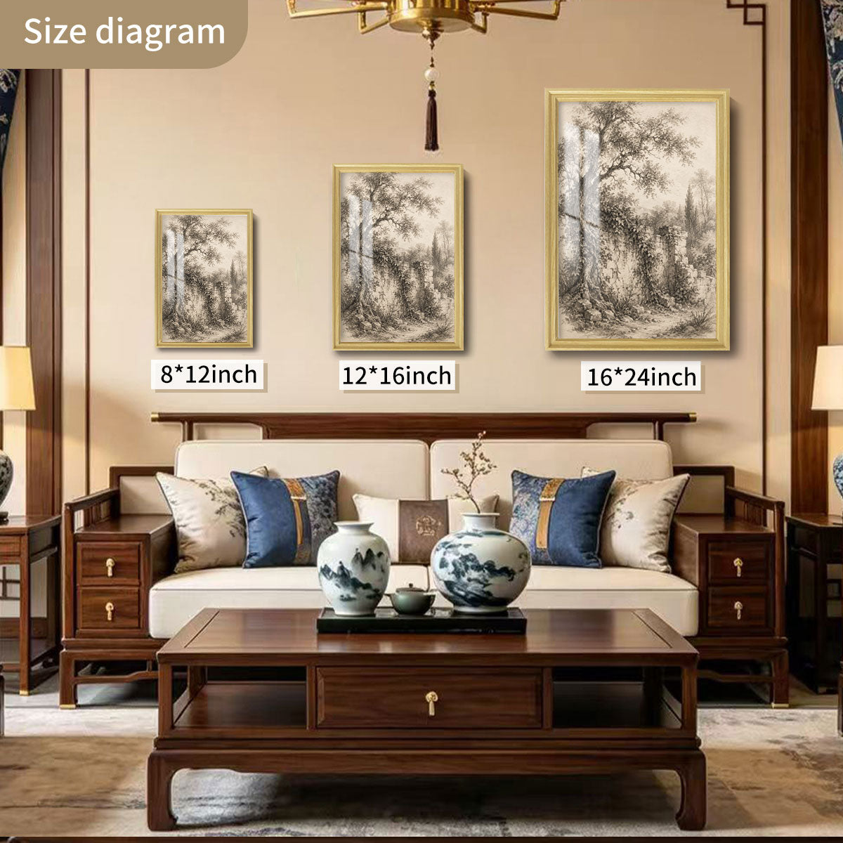 Vintage Sketch Landscape Canvas Wall Art Rustic Neutral Framed Home Decor Gift