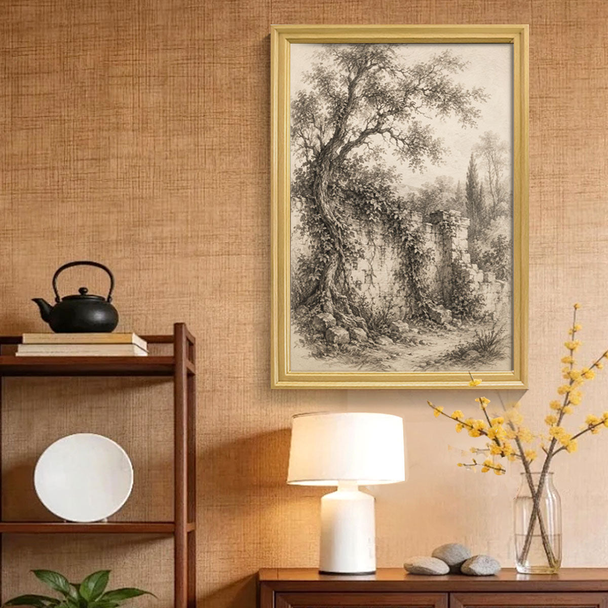Vintage Sketch Landscape Canvas Wall Art Rustic Neutral Framed Home Decor Gift