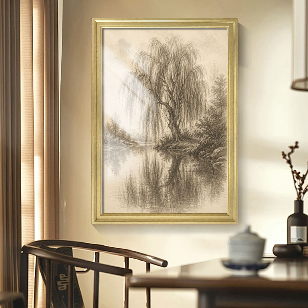 Vintage Sketch Landscape Canvas Wall Art Rustic Neutral Framed Home Decor Gift
