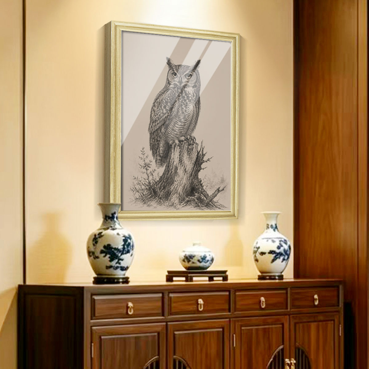 Vintage Wildlife Sketch Canvas Wall Art Rustic Cabin Wood Frame Home Decor Gift