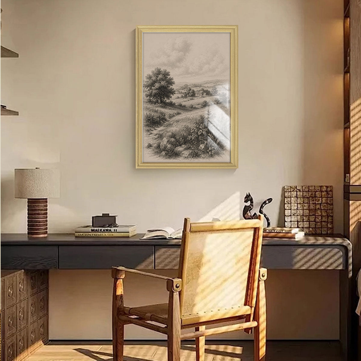 Vintage Wildlife & Landscape Sketch Canvas Wall Art Rustic Framed Cabin Decor