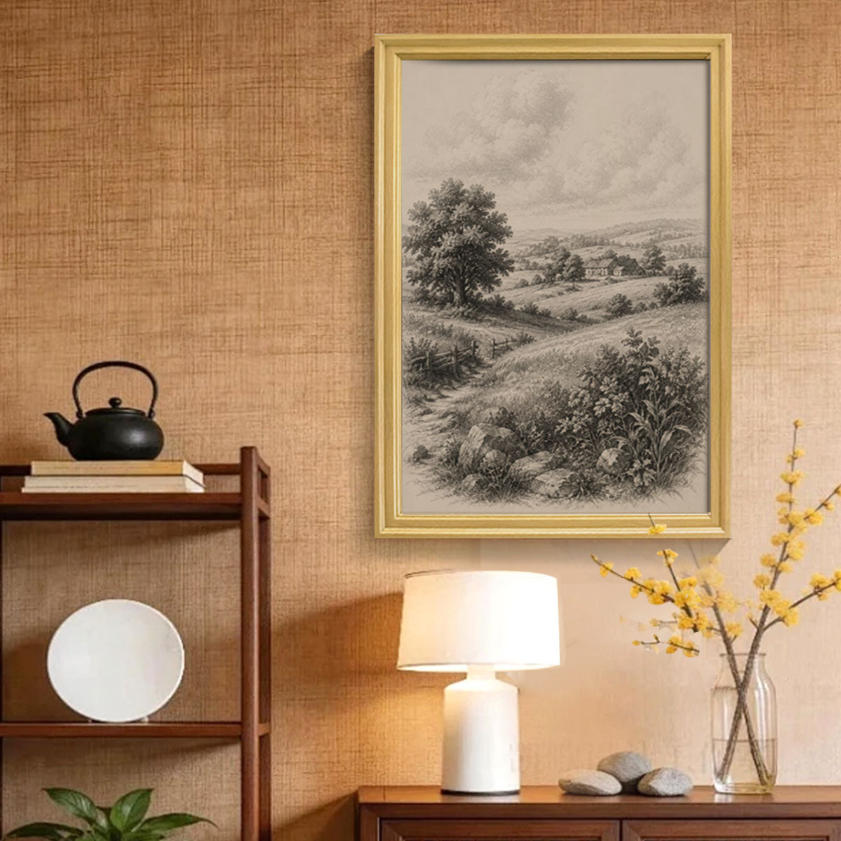 Vintage Wildlife & Landscape Sketch Canvas Wall Art Rustic Framed Cabin Decor
