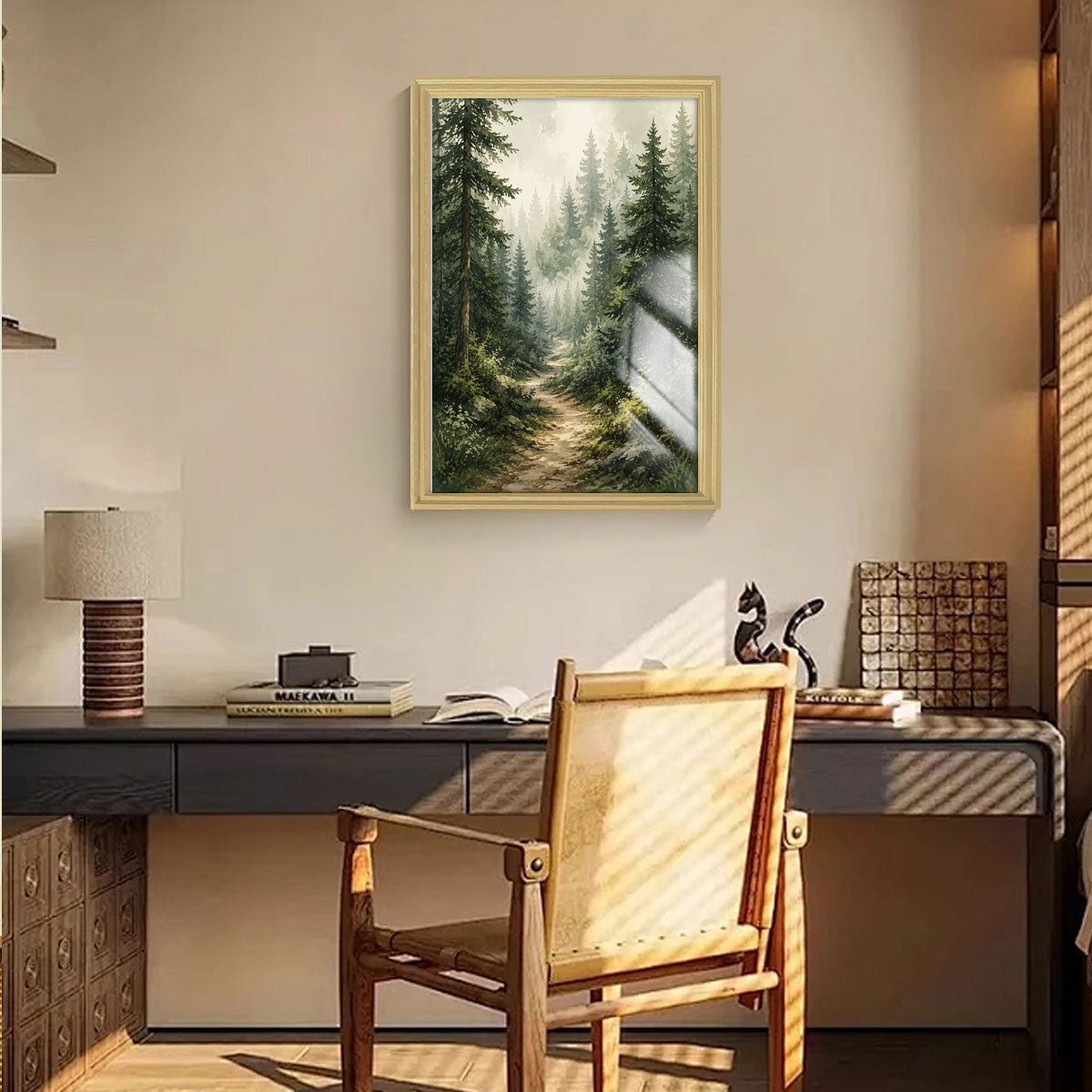 Watercolor Forest & Wildlife Canvas Wall Art Rustic Wood Frame Cabin Decor