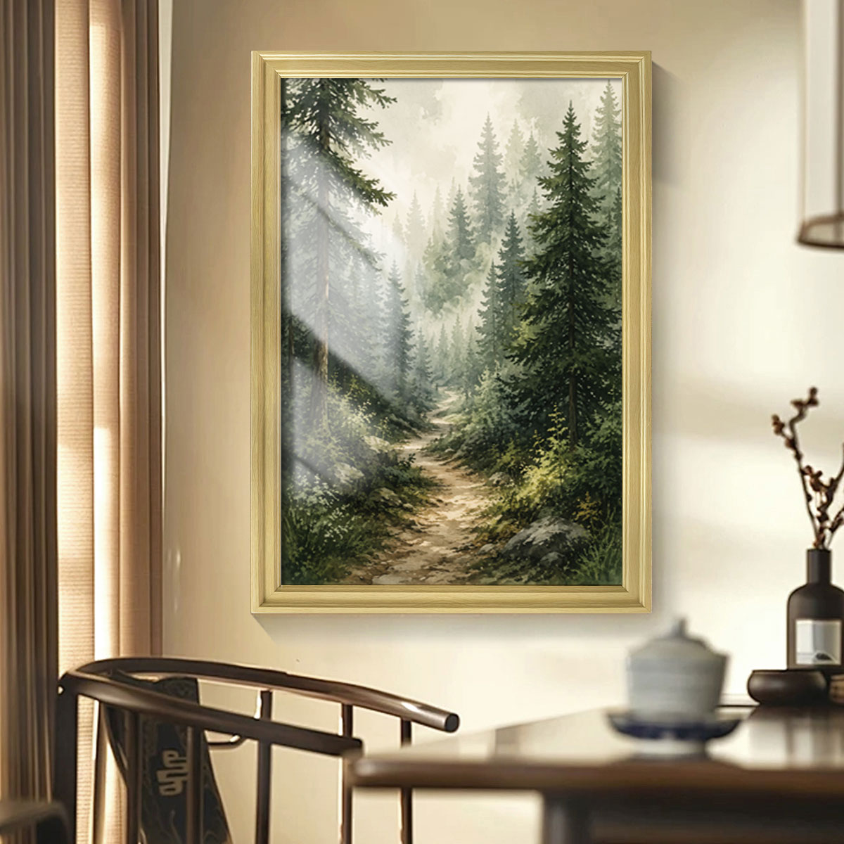 Watercolor Forest & Wildlife Canvas Wall Art Rustic Wood Frame Cabin Decor