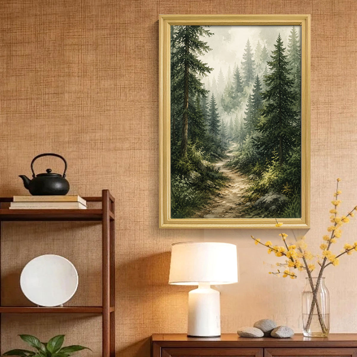 Watercolor Forest & Wildlife Canvas Wall Art Rustic Wood Frame Cabin Decor