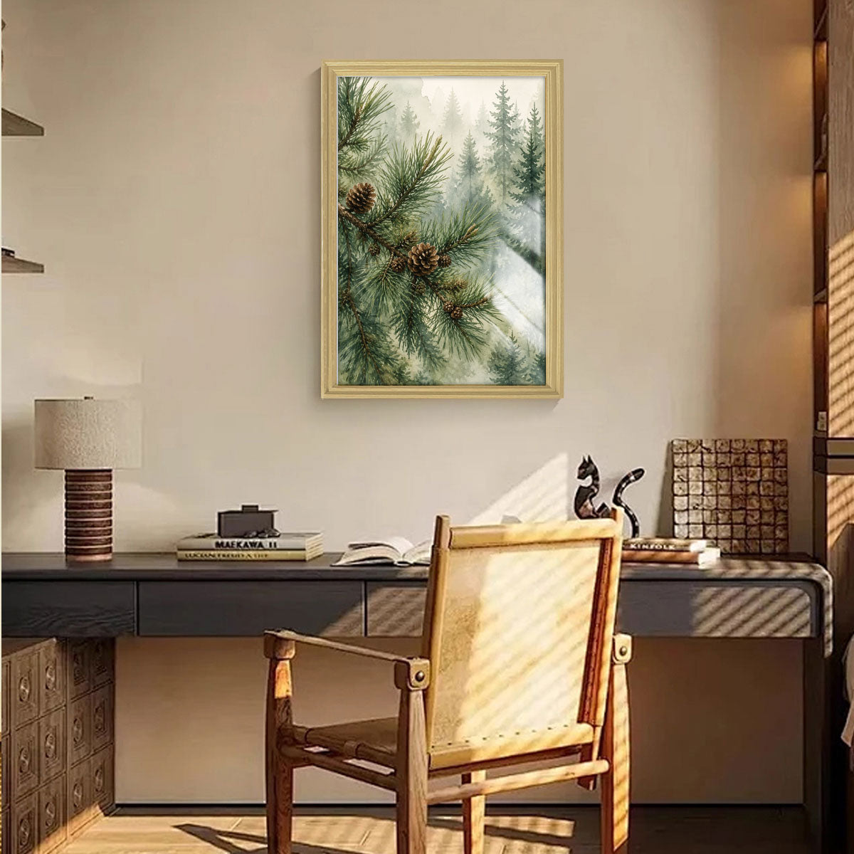 Watercolor Forest & Wildlife Canvas Wall Art Rustic Wood Frame Cabin Decor