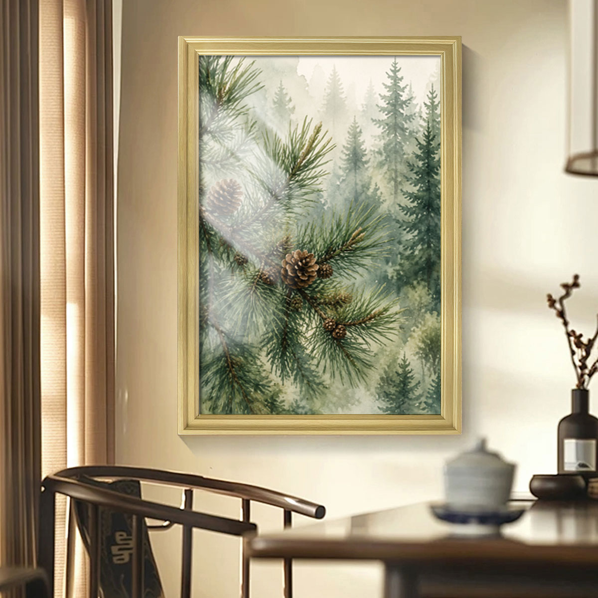 Watercolor Forest & Wildlife Canvas Wall Art Rustic Wood Frame Cabin Decor