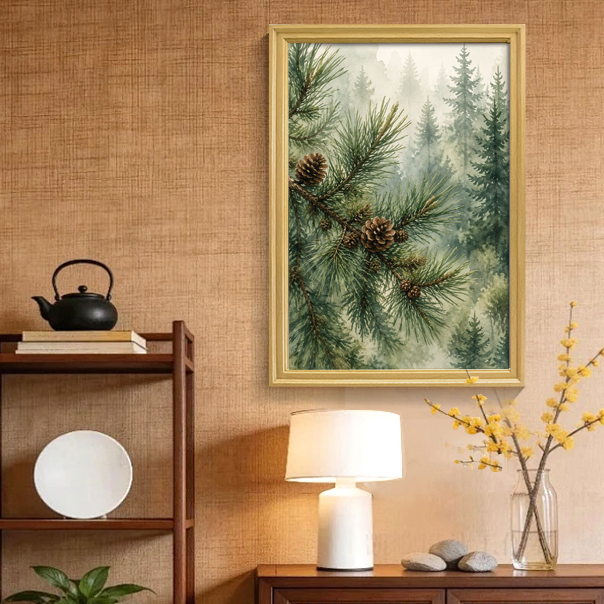 Watercolor Forest & Wildlife Canvas Wall Art Rustic Wood Frame Cabin Decor