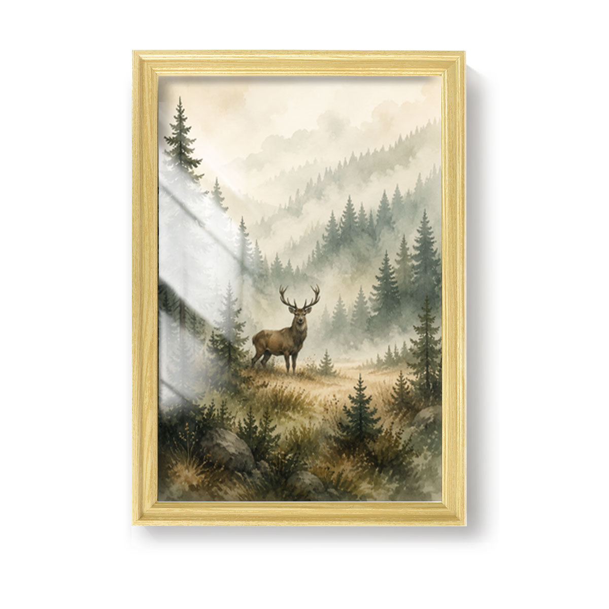 Watercolor Forest & Wildlife Canvas Wall Art Rustic Wood Frame Cabin Decor