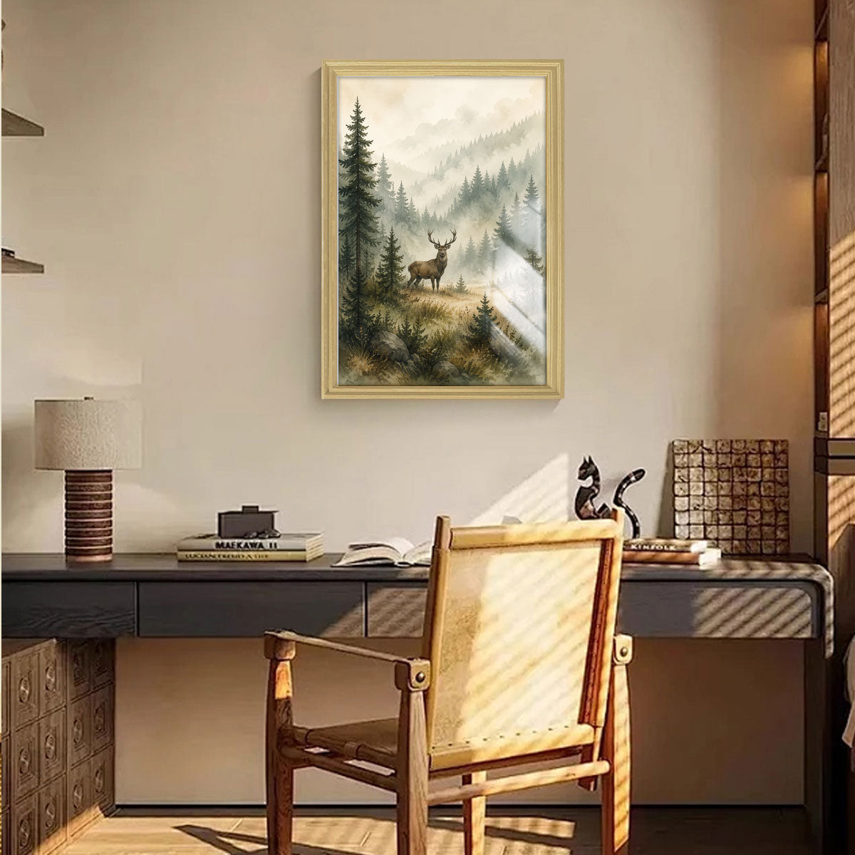 Watercolor Forest & Wildlife Canvas Wall Art Rustic Wood Frame Cabin Decor
