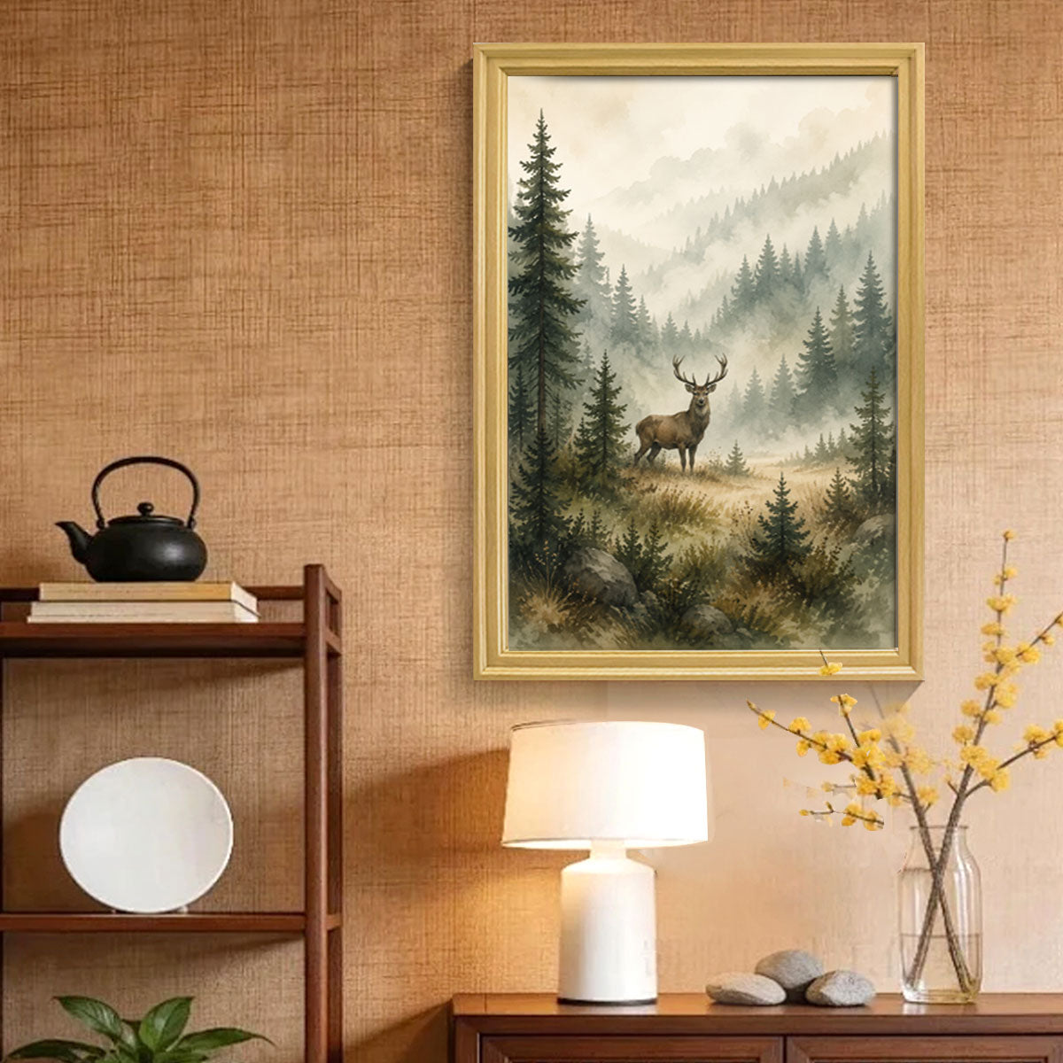 Watercolor Forest & Wildlife Canvas Wall Art Rustic Wood Frame Cabin Decor