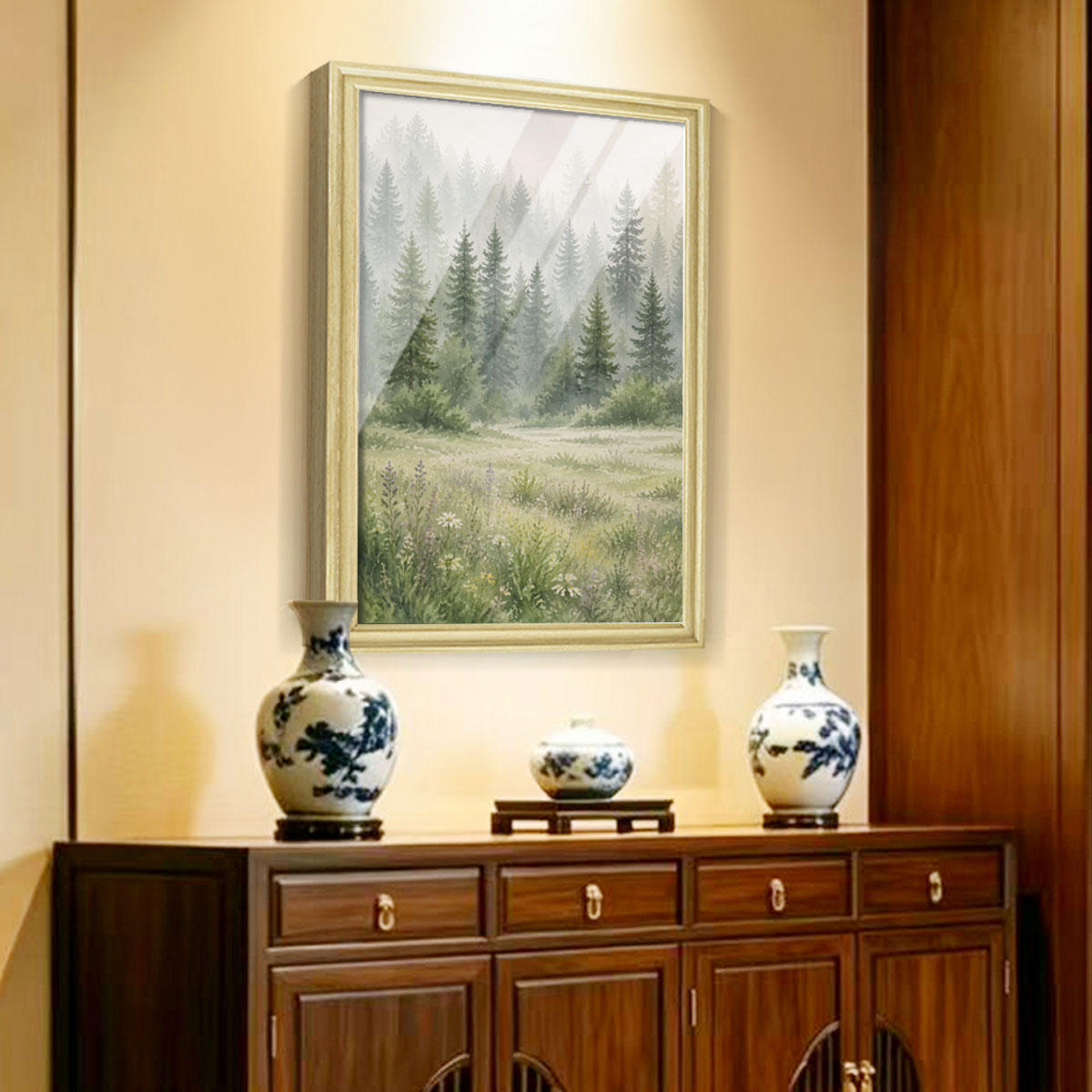 Watercolor Forest & Wildlife Canvas Wall Art Rustic Wood Frame Cabin Decor