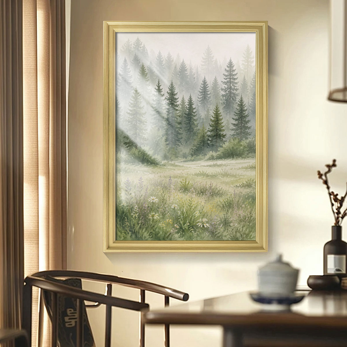 Watercolor Forest & Wildlife Canvas Wall Art Rustic Wood Frame Cabin Decor