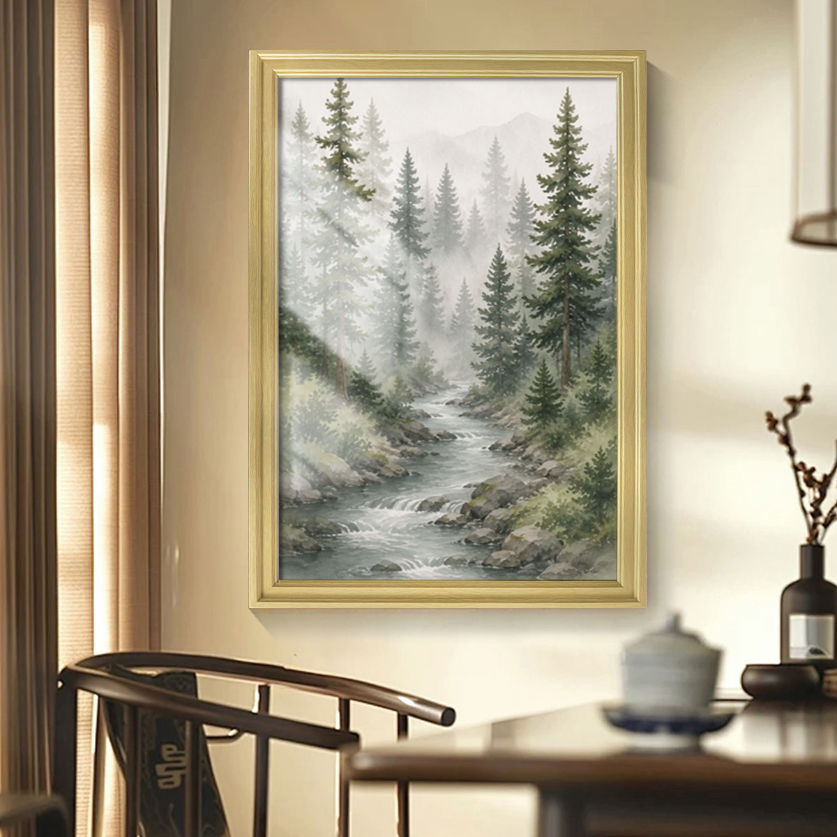 Watercolor Forest & Wildlife Canvas Wall Art Rustic Wood Frame Cabin Decor