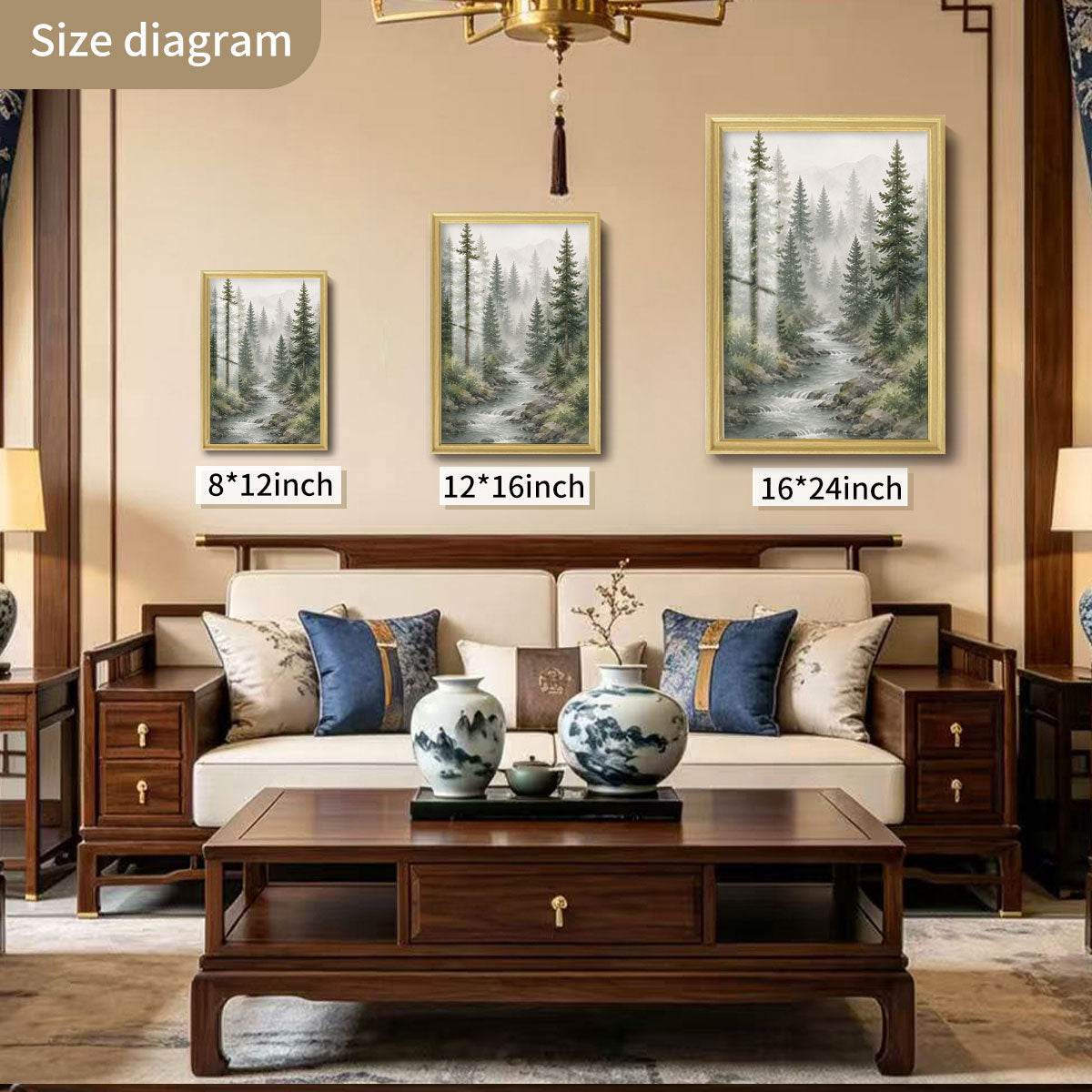 Watercolor Forest & Wildlife Canvas Wall Art Rustic Wood Frame Cabin Decor