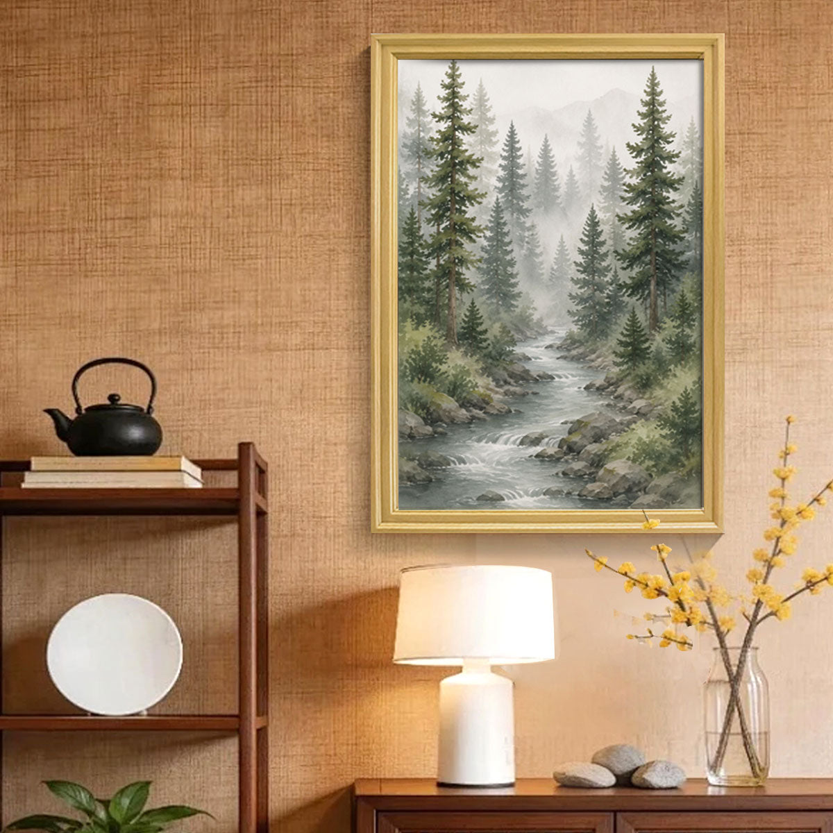 Watercolor Forest & Wildlife Canvas Wall Art Rustic Wood Frame Cabin Decor