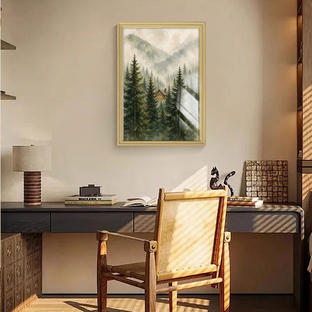 Watercolor Misty Forest Cabin Canvas Wall Art Rustic Wood Frame Home Decor