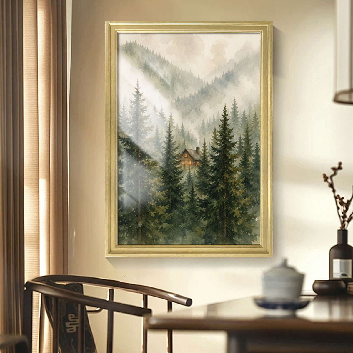 Watercolor Misty Forest Cabin Canvas Wall Art Rustic Wood Frame Home Decor
