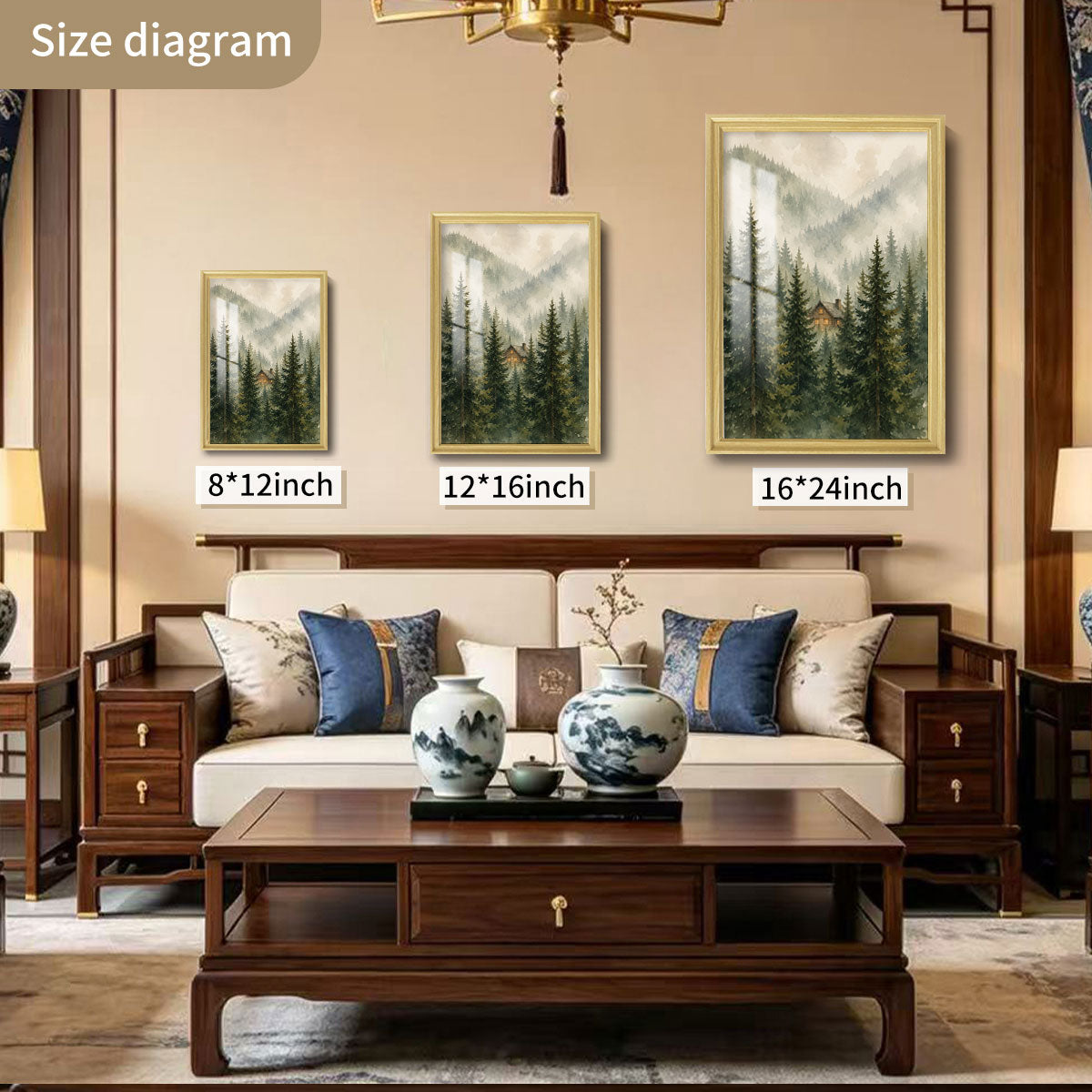 Watercolor Misty Forest Cabin Canvas Wall Art Rustic Wood Frame Home Decor