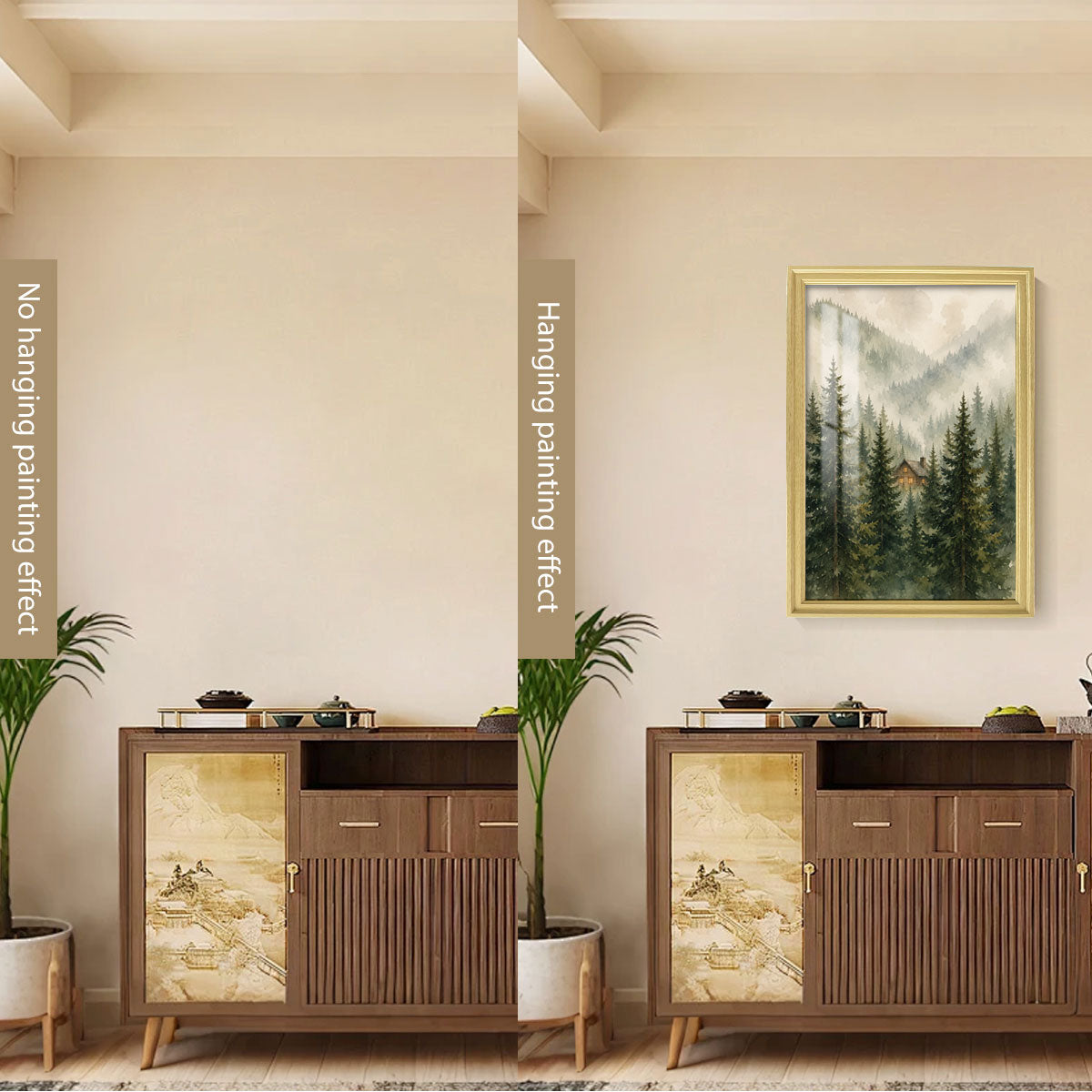 Watercolor Misty Forest Cabin Canvas Wall Art Rustic Wood Frame Home Decor