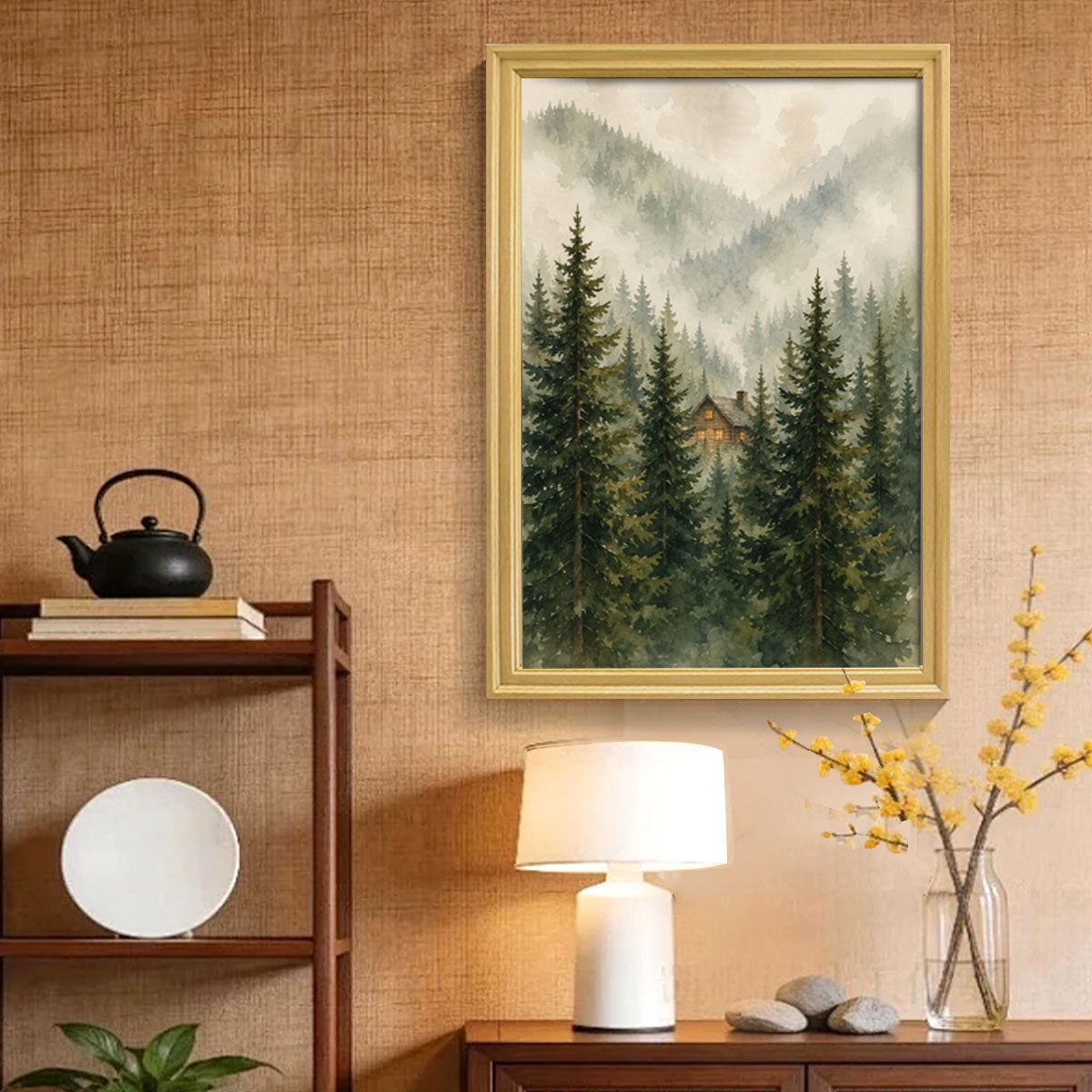 Watercolor Misty Forest Cabin Canvas Wall Art Rustic Wood Frame Home Decor