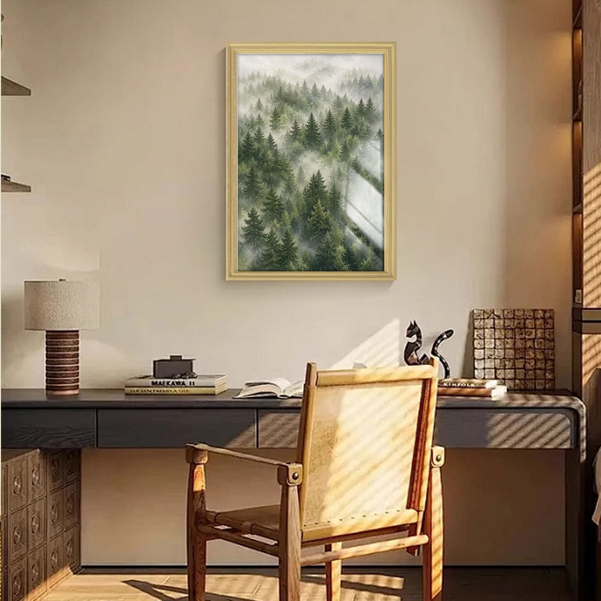 Watercolor Misty Forest Cabin Canvas Wall Art Rustic Wood Frame Home Decor