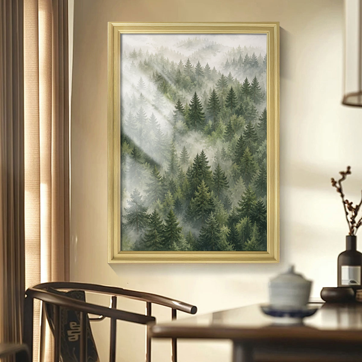 Watercolor Misty Forest Cabin Canvas Wall Art Rustic Wood Frame Home Decor