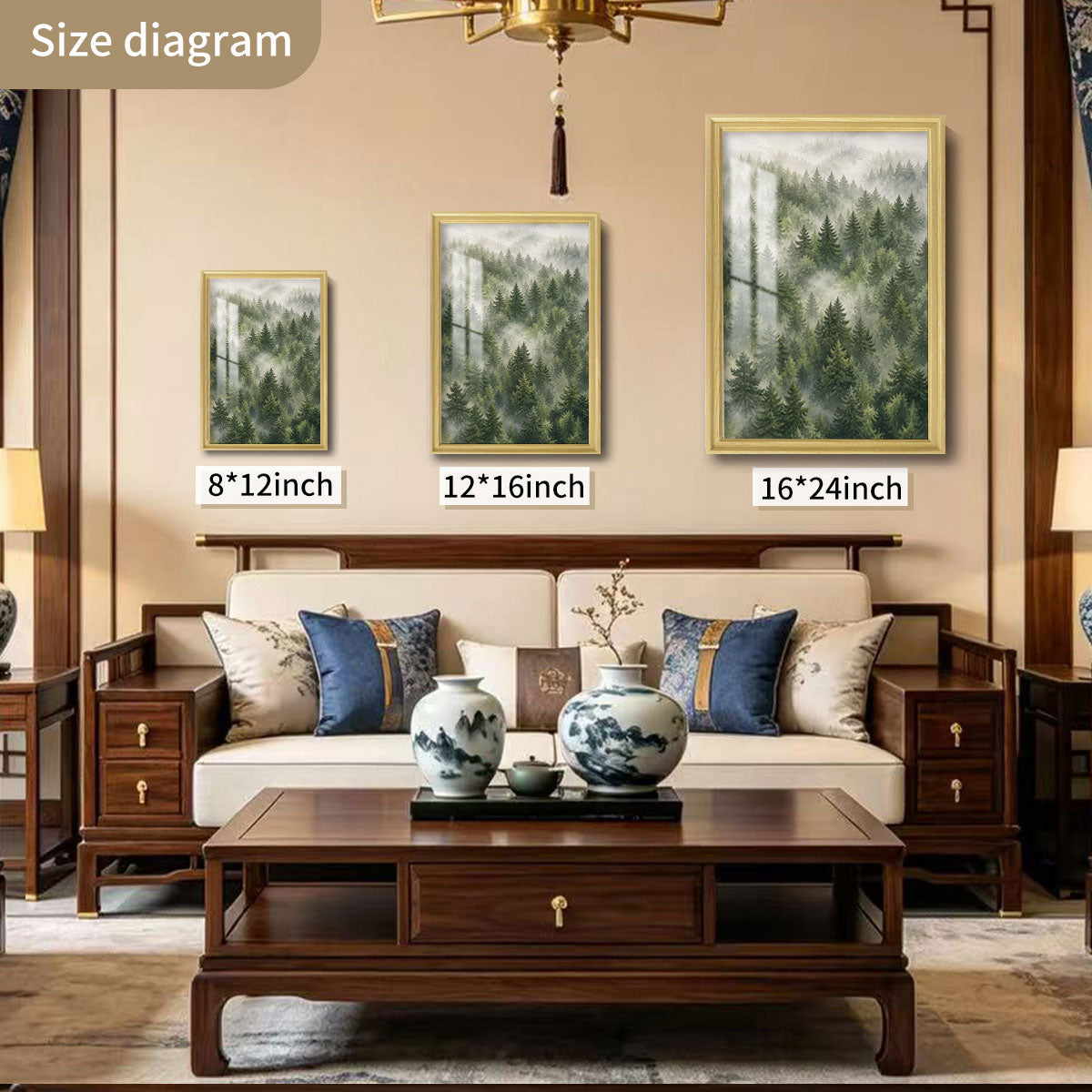 Watercolor Misty Forest Cabin Canvas Wall Art Rustic Wood Frame Home Decor