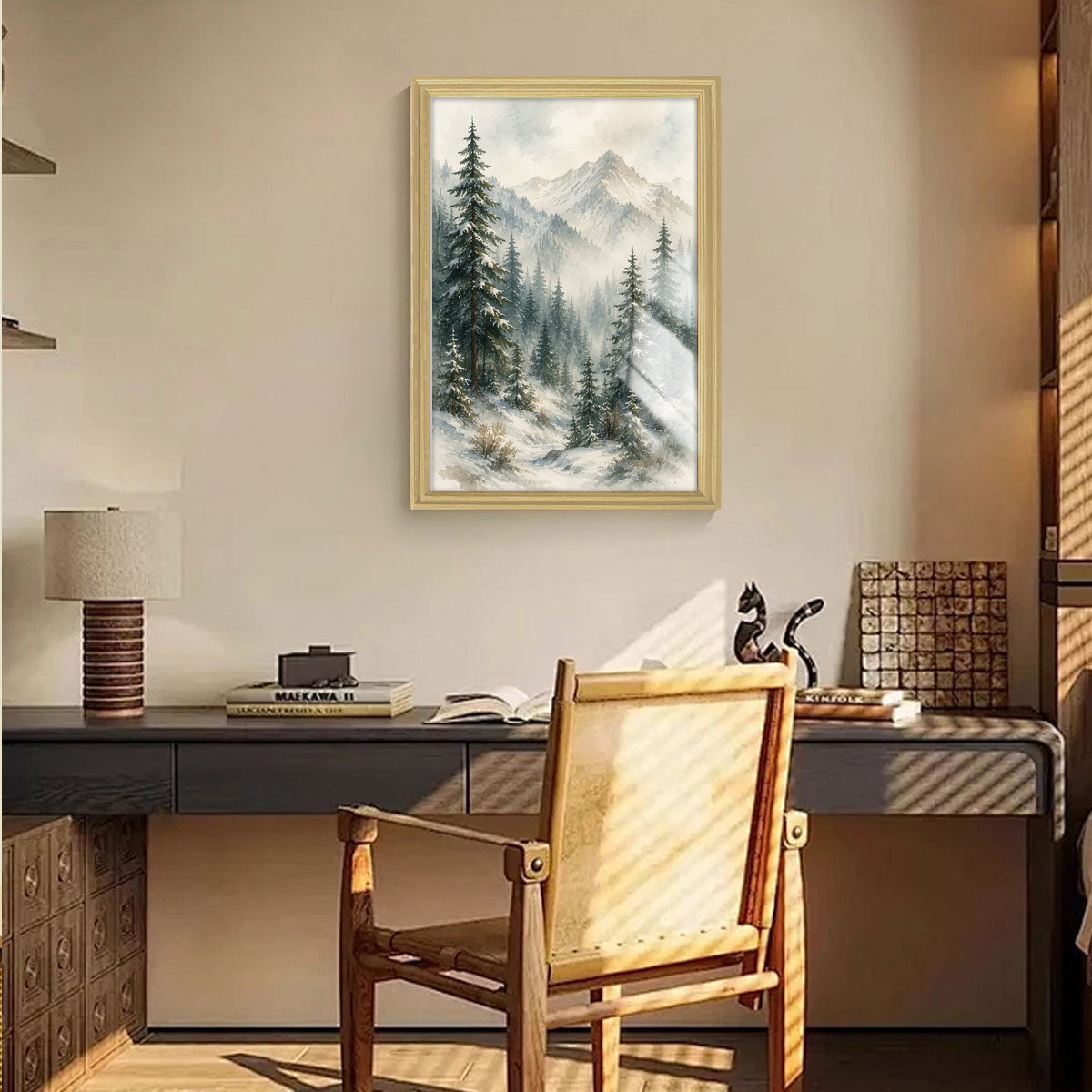 Watercolor Misty Forest Cabin Canvas Wall Art Rustic Wood Frame Home Decor