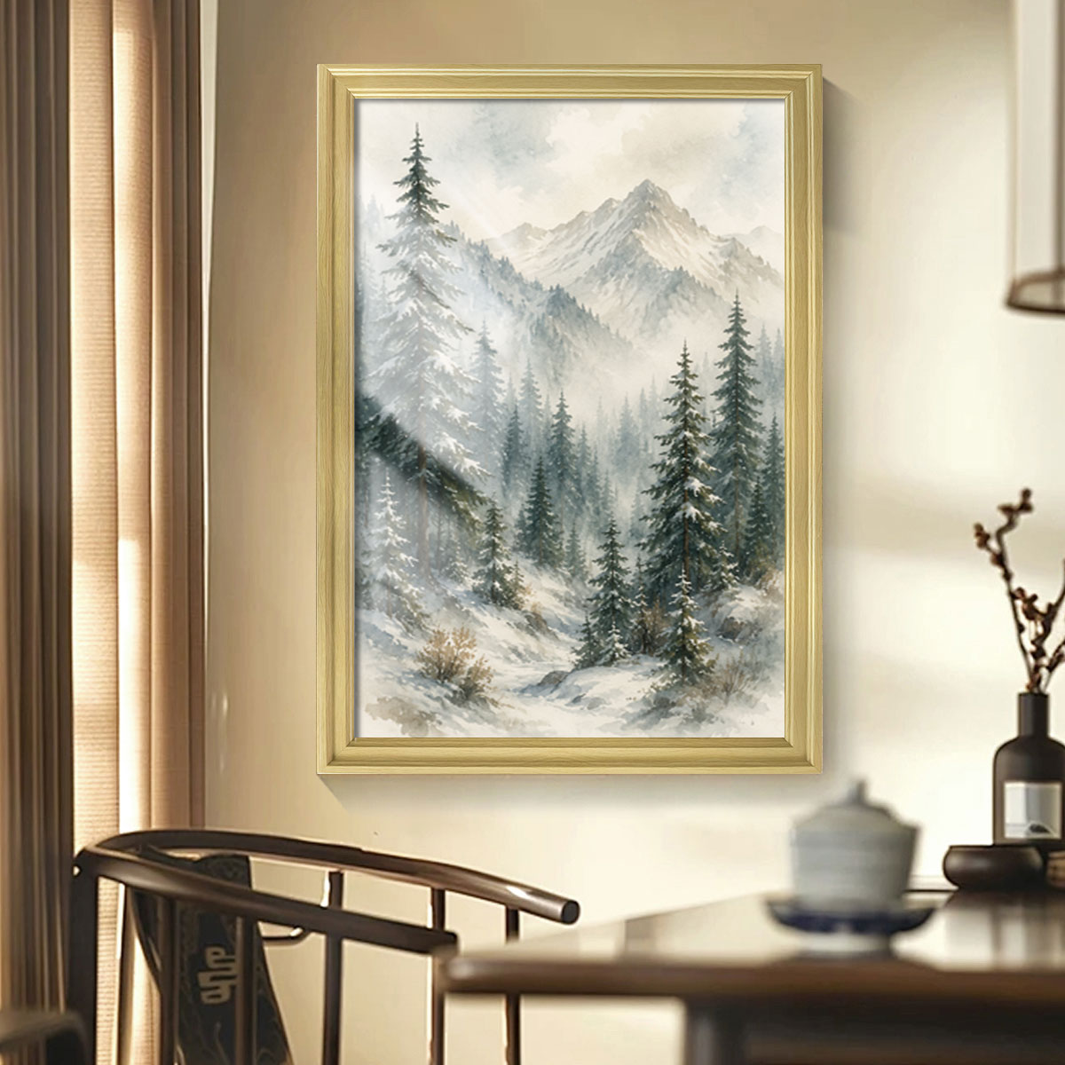 Watercolor Misty Forest Cabin Canvas Wall Art Rustic Wood Frame Home Decor
