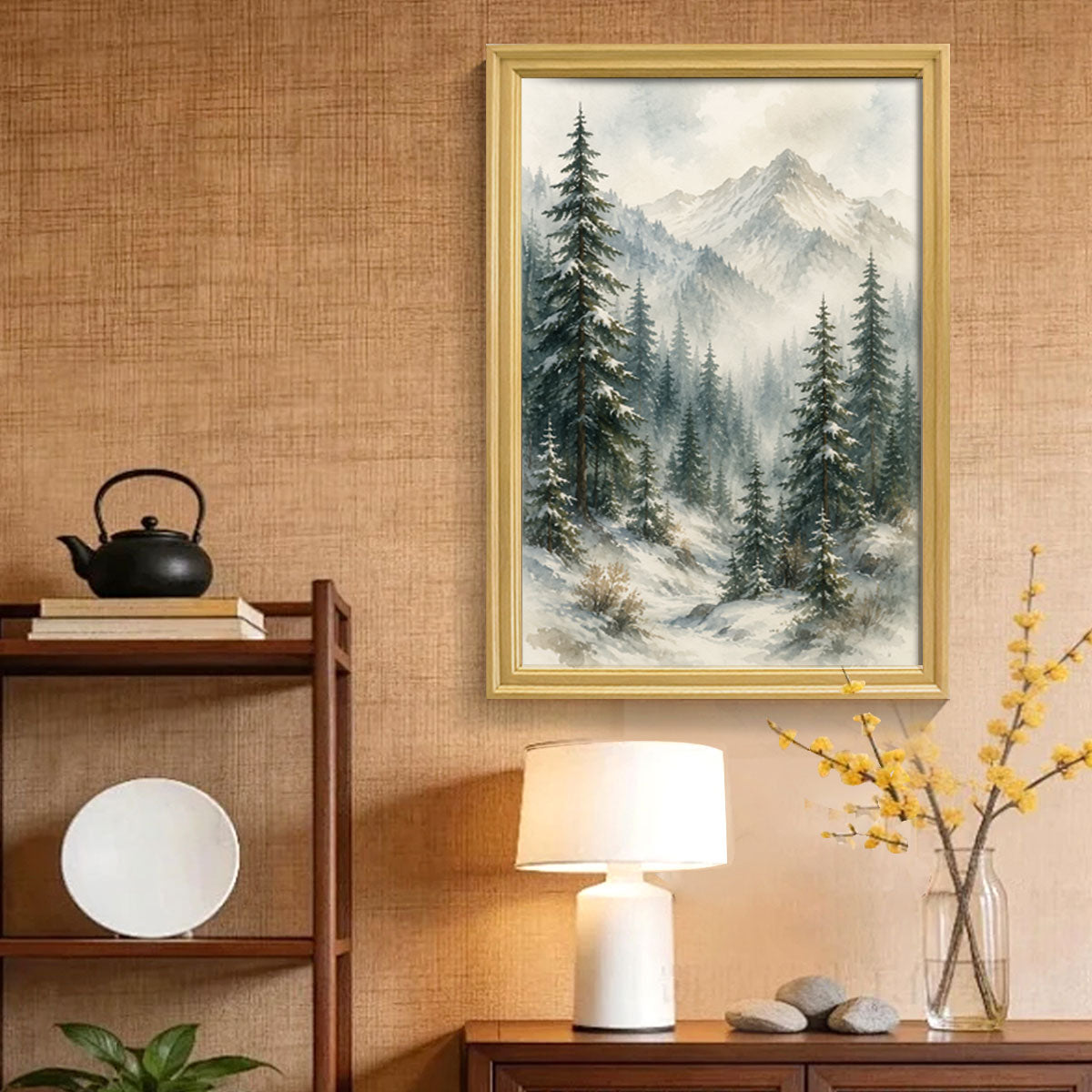 Watercolor Misty Forest Cabin Canvas Wall Art Rustic Wood Frame Home Decor