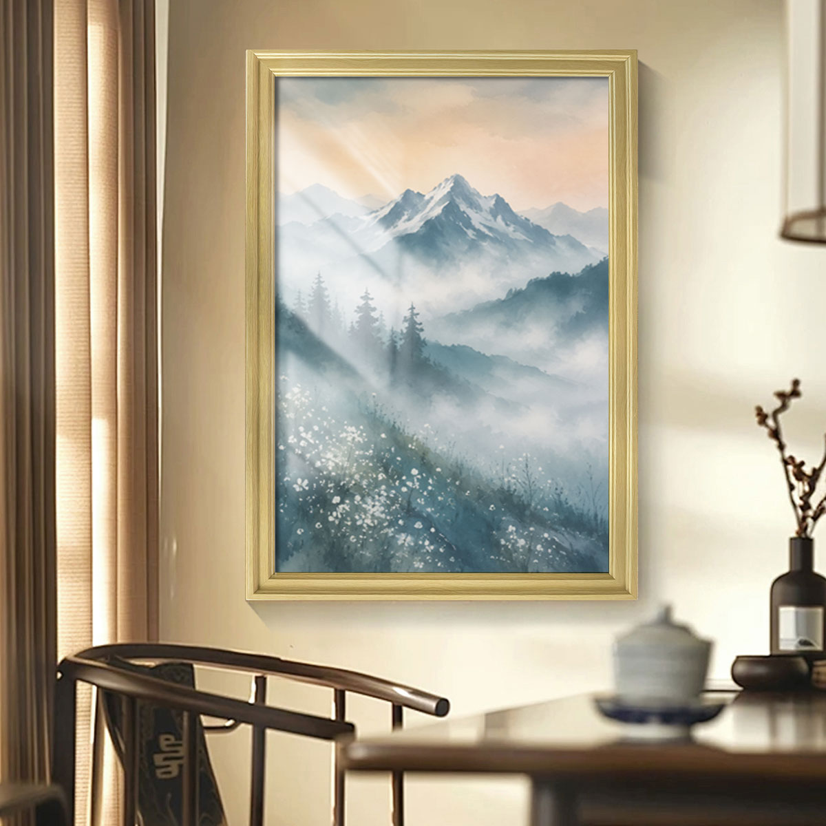 Watercolor Misty Forest Cabin Canvas Wall Art Rustic Wood Frame Home Decor