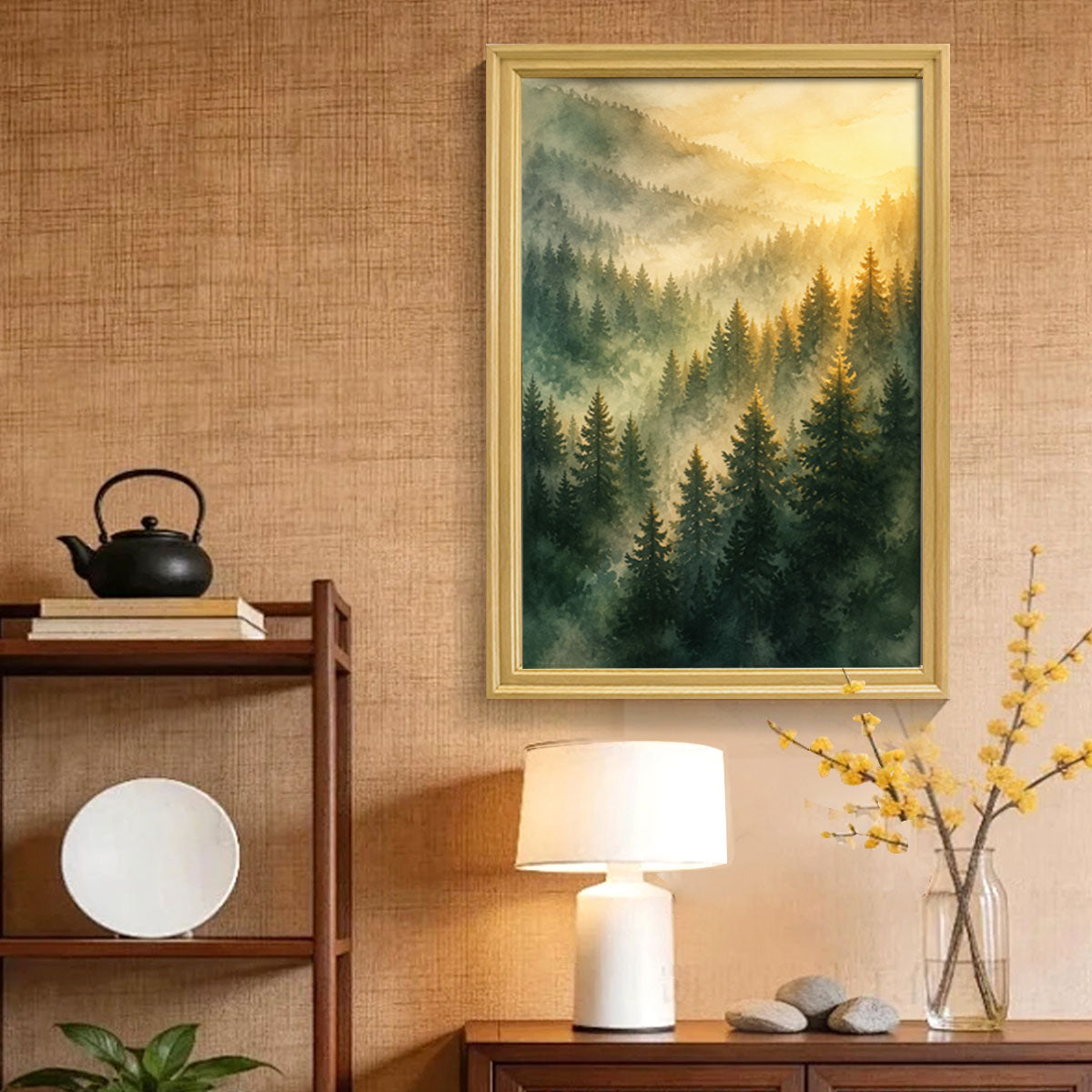 Watercolor Misty Forest Cabin Canvas Wall Art Rustic Wood Frame Home Decor
