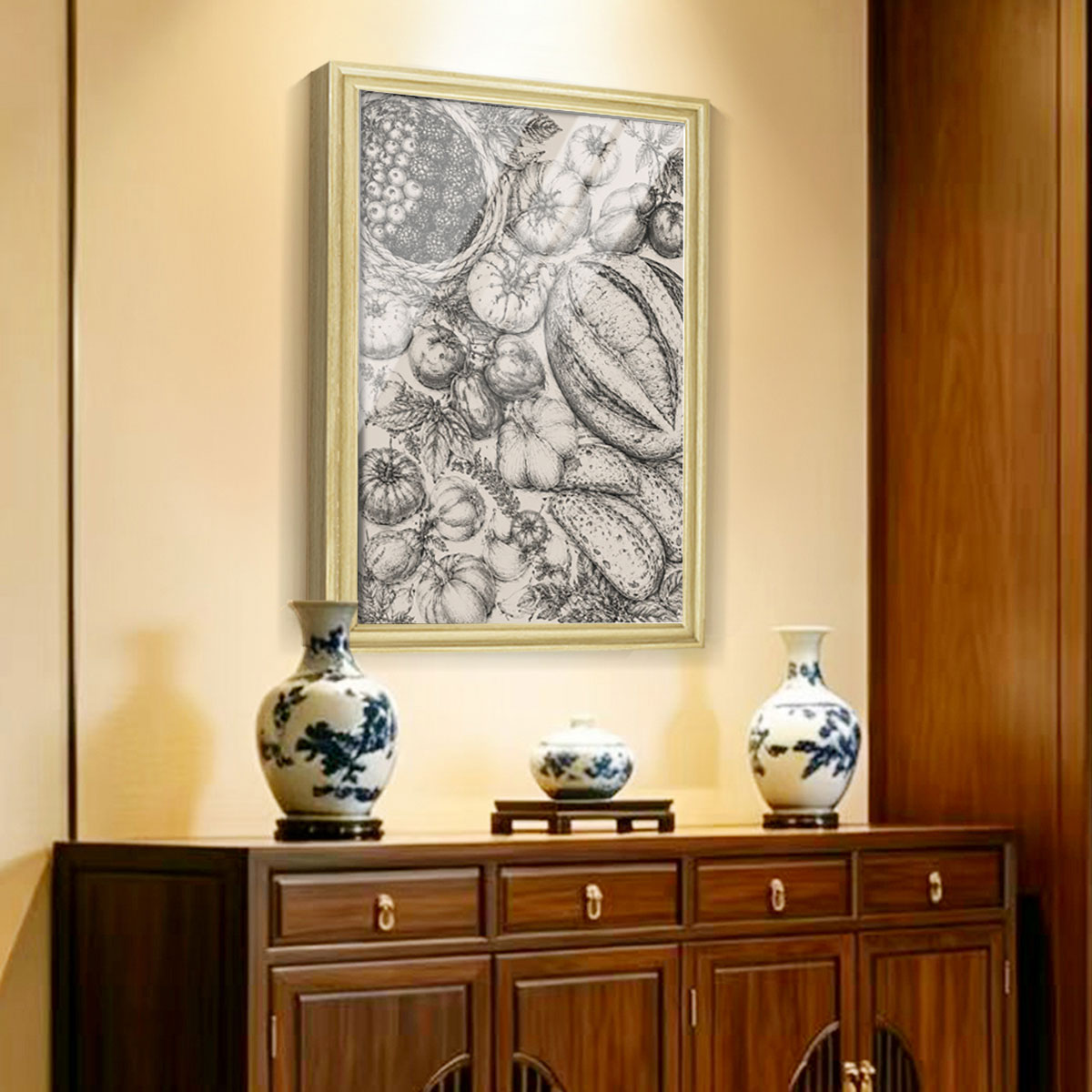 Vintage Kitchen & Garden Sketch Canvas Wall Art Rustic Wood Frame Decor Gift