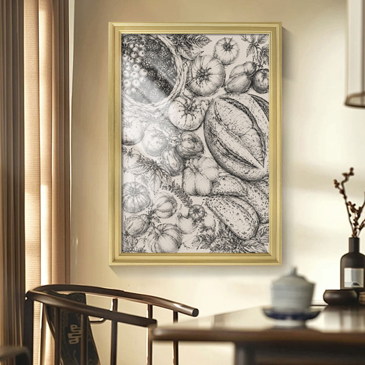 Vintage Kitchen & Garden Sketch Canvas Wall Art Rustic Wood Frame Decor Gift