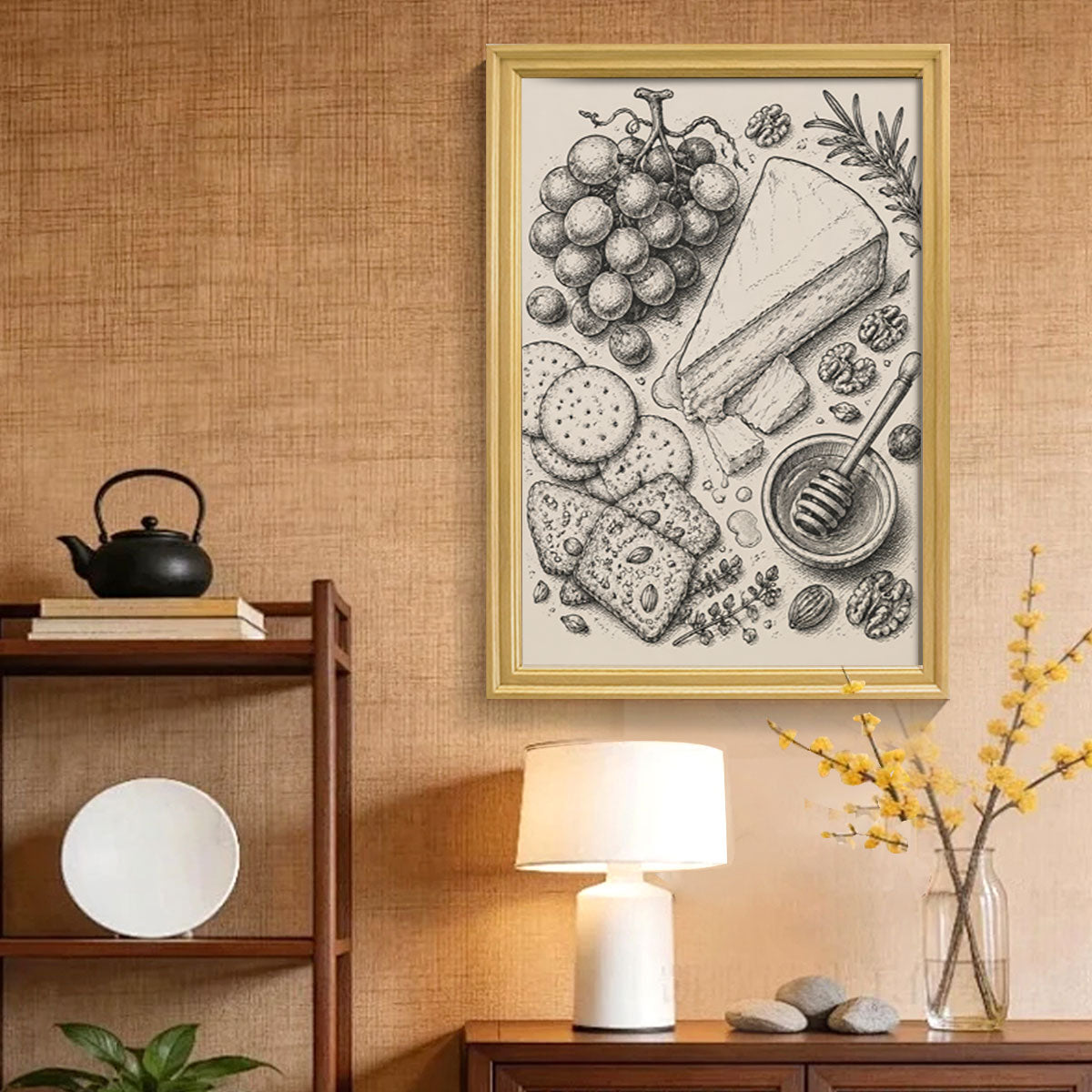 Vintage Food & Bar Cart Etching Canvas Wall Art Rustic Wood Framed Kitchen Decor